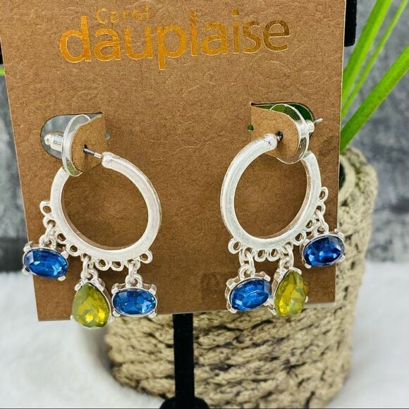 Carol Dauplaise Crystal Charm Hoop Earrings Silver Multi NWT - Picture 2 of 11